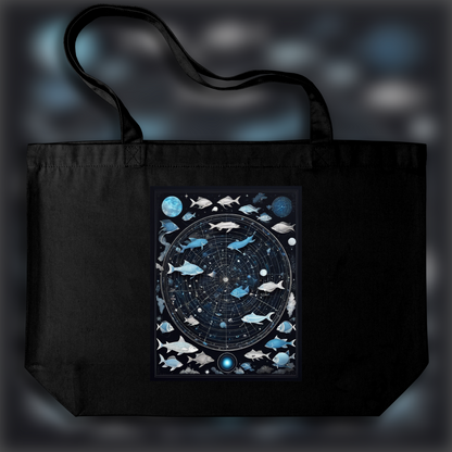 Tote bag - Constellations beautiful drawing, blue color on black background, Astrology, fishes - 3410702061