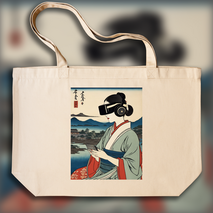 Tote bag - Poetic ukiyo-e views, fleeting moments, close up of a women with a virtual reality headset - 3996042591