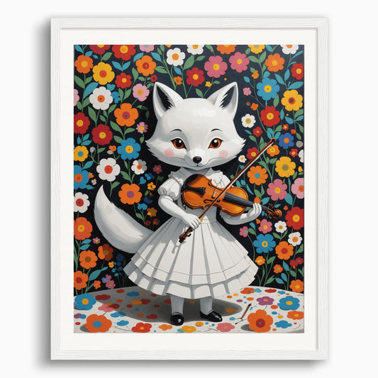 Poster: Contemporary Japanese kawaii artist, fox in a white dress plays the violin