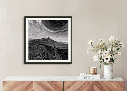 Poster with metal frame: Monochrome art, topographic lines on a cosmic background, Coffee