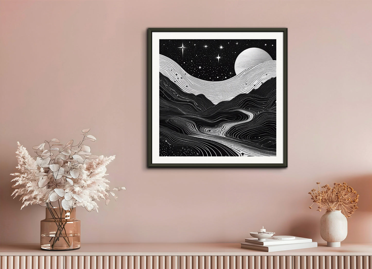 Poster with metal frame: Monochrome art, topographic lines on a cosmic background, Coffee