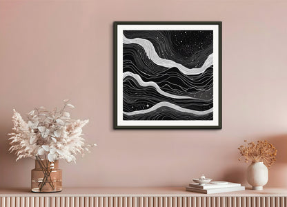 Poster with metal frame: Monochrome art, topographic lines on a cosmic background, Coffee