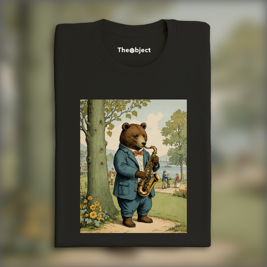 T-Shirt - Illustrations britanniques, enfance innocente et nostalgique, un ours joue du saxophone - 930151252