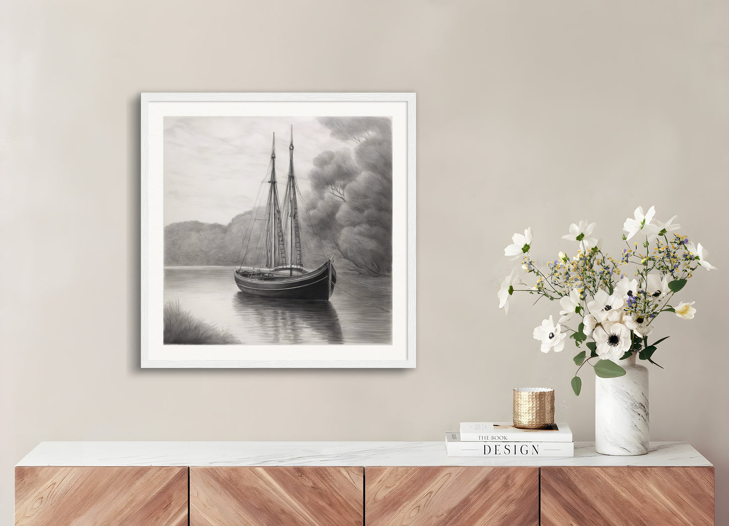 Poster with wood frame: Pencil drawing, Boat