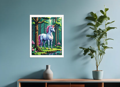 Poster: Pixel Art, Unicorn in the magical forest