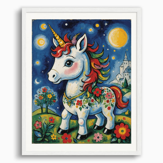 Poster: Surrealism mixed with neo-primitivism, A baby cute unicorn