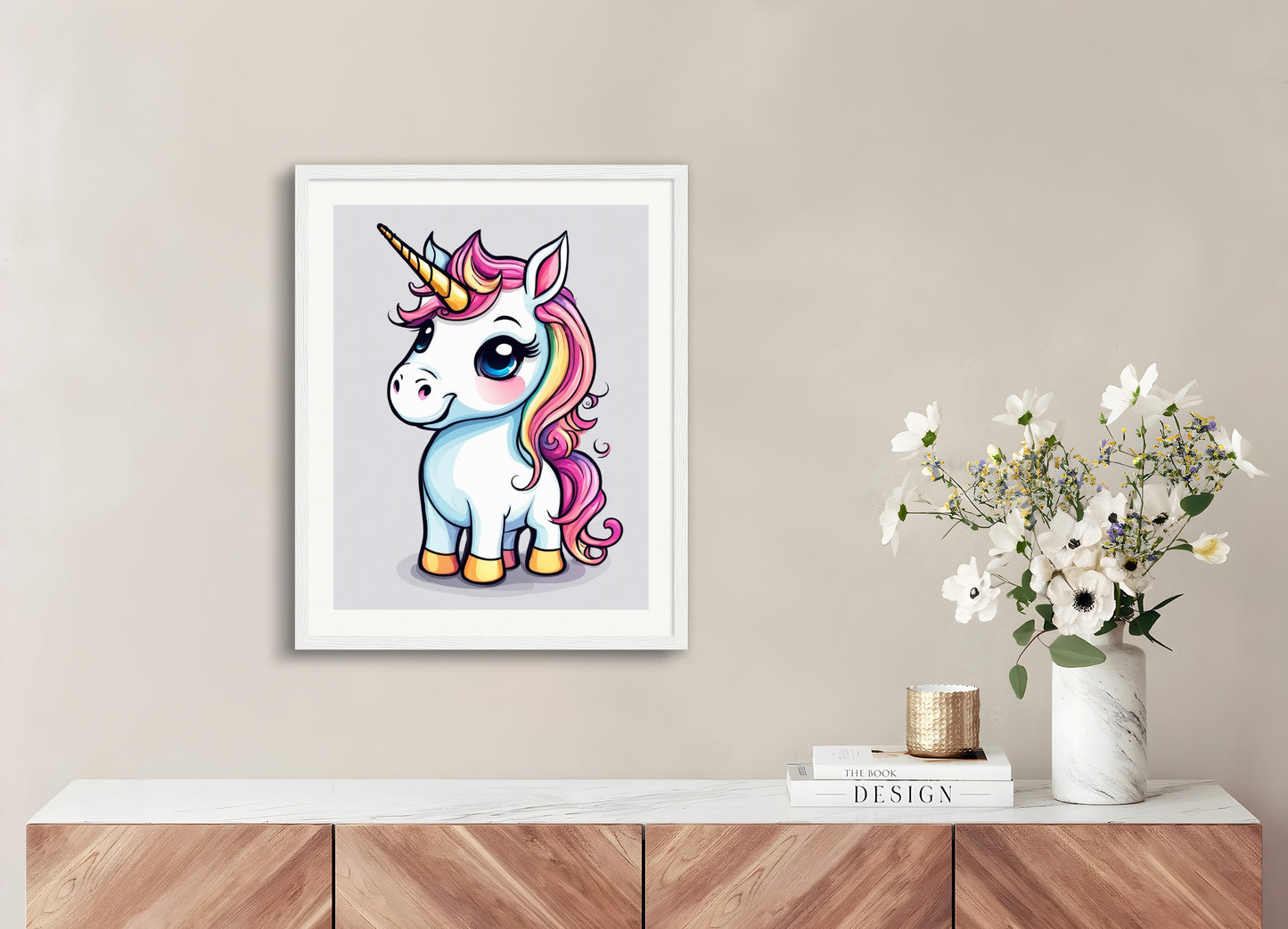 Poster with wood frame: , A baby cute unicorn