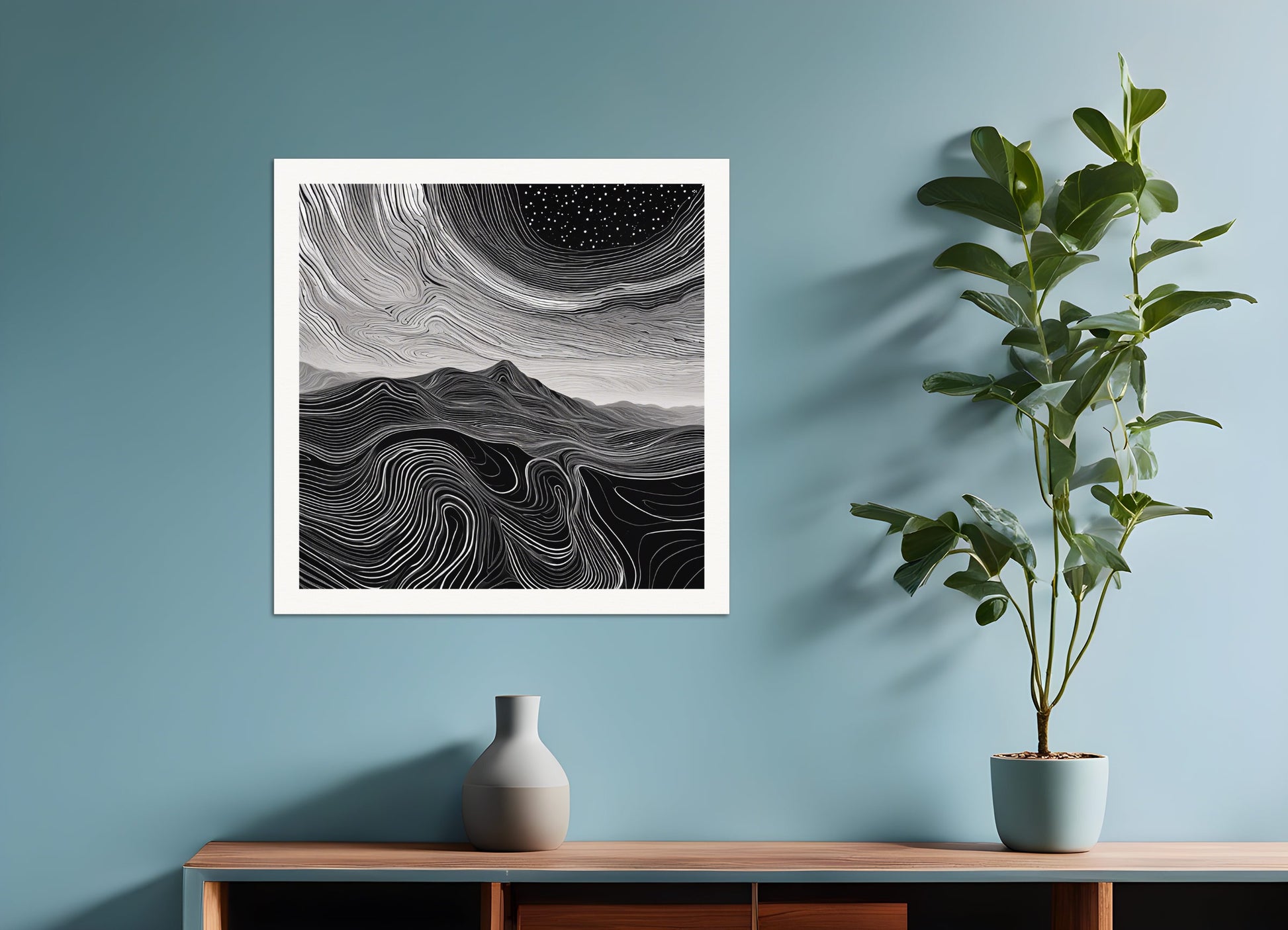 Poster: Monochrome art, topographic lines on a cosmic background, Coffee