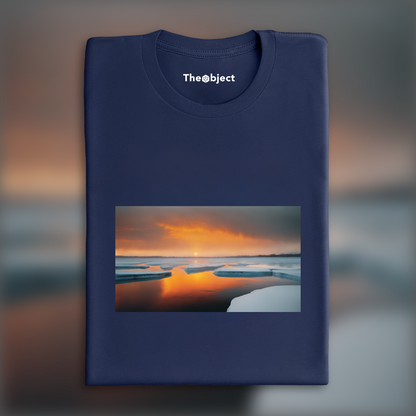 T-Shirt - Abstract urban photographs emphasizing the play of light and shadow, Orange Sun above an ice lake, dramatic scene - 1301563017