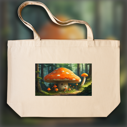 Tote bag - Pièces maîtresses de l'animé japonais contemporain, a big orange mushroom in the forest - 716267395