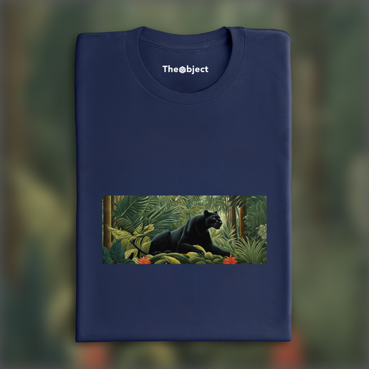 T-Shirt - Dreamlike and naive jungles with fanciful precision, a fierce black panther in the jungle, close-up - 2977319408