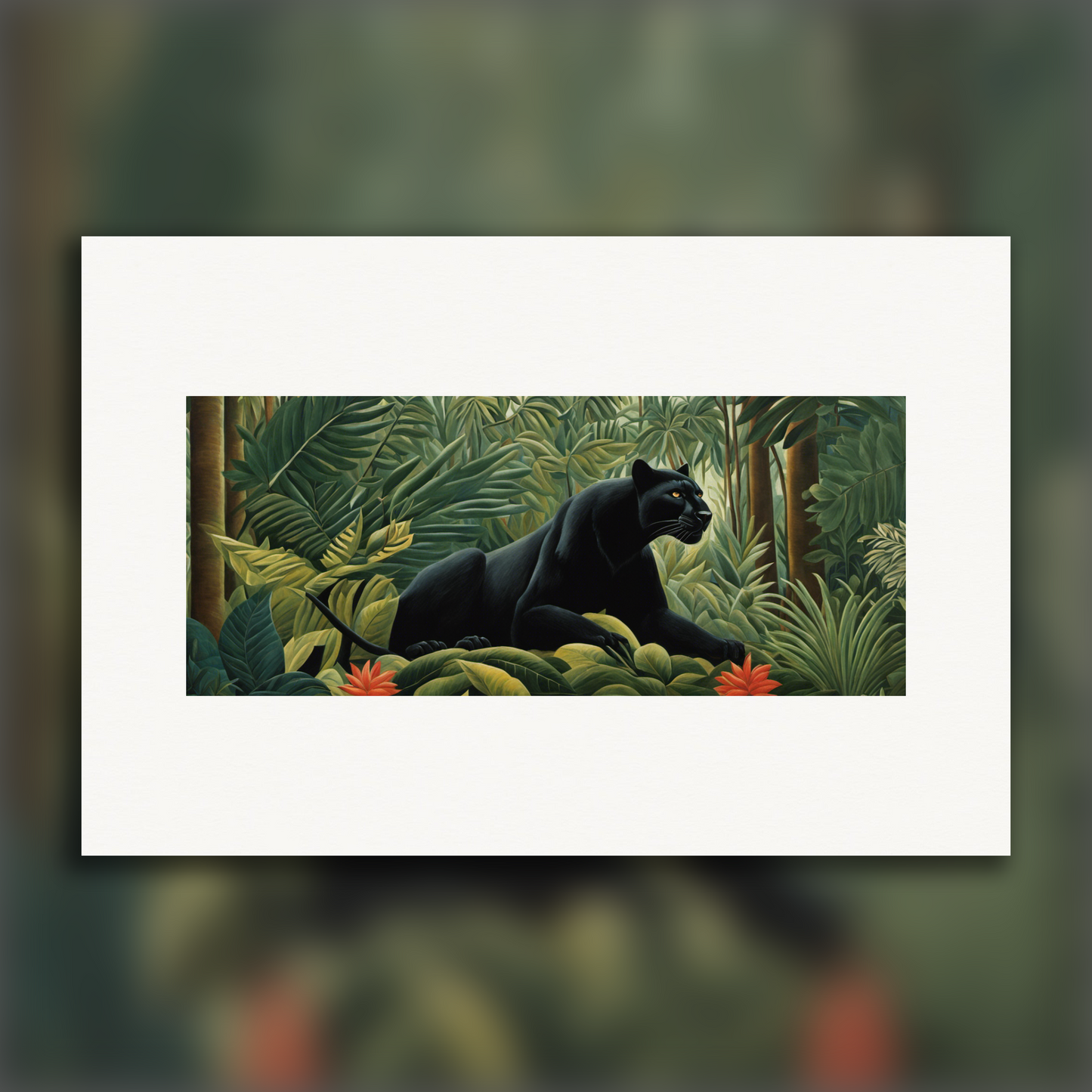 Poster - Dreamlike and naive jungles with fanciful precision, a fierce black panther in the jungle, close-up - 2977319408