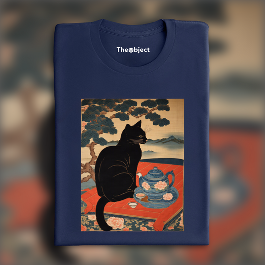 T-Shirt - 19th century Japanese tapestry, A black cat drinking tea - 1733387598