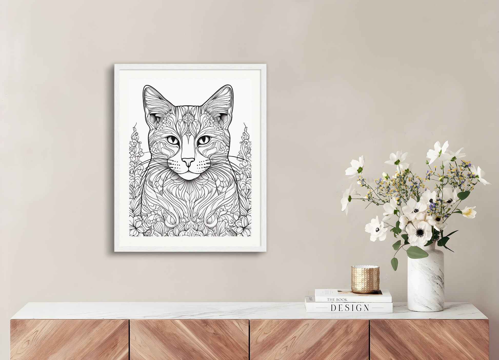 Poster with wood frame: Coloring page, Cat