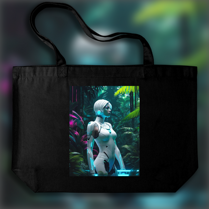 Tote bag - Neon punk, a white ghost in the shell cyborg in the Seychelles jungle - 3139647336