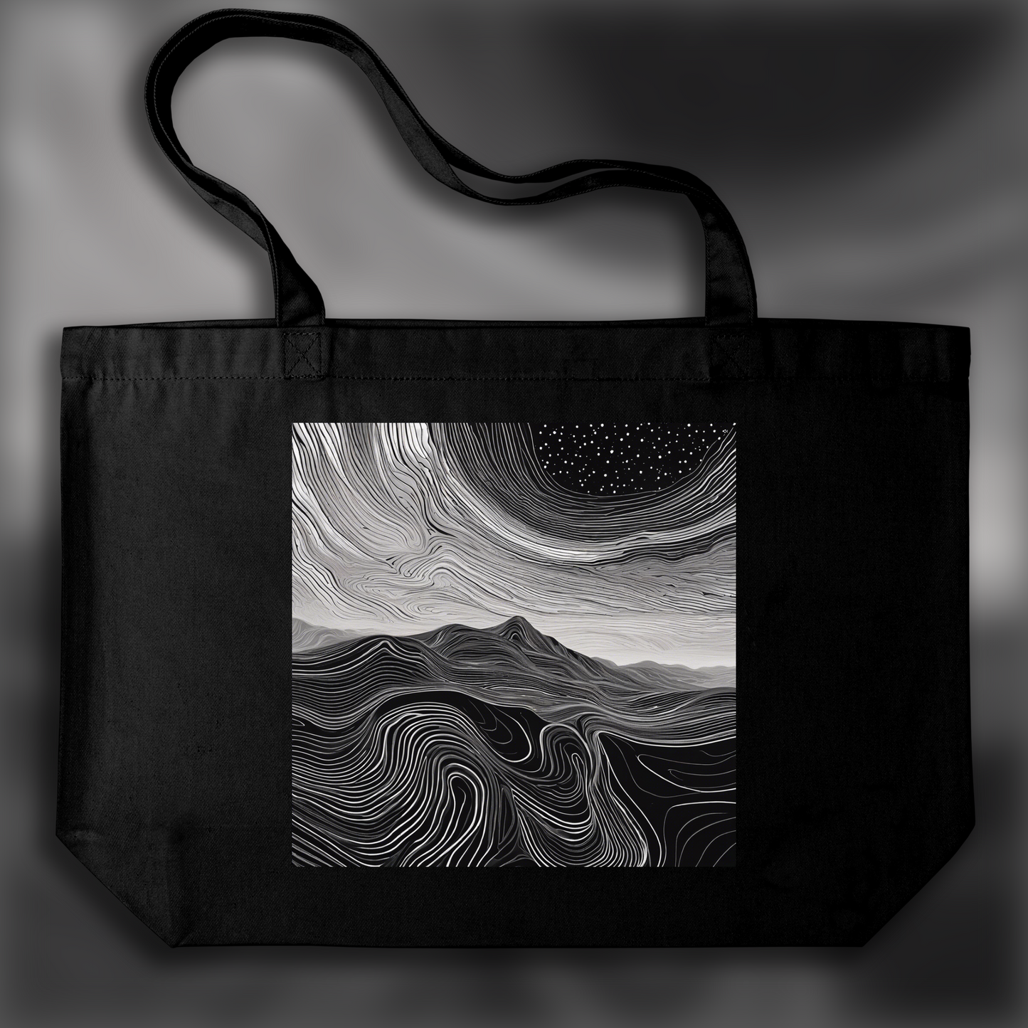 Tote bag - Topographic lines on cosmic background, Coffee - 2869873668