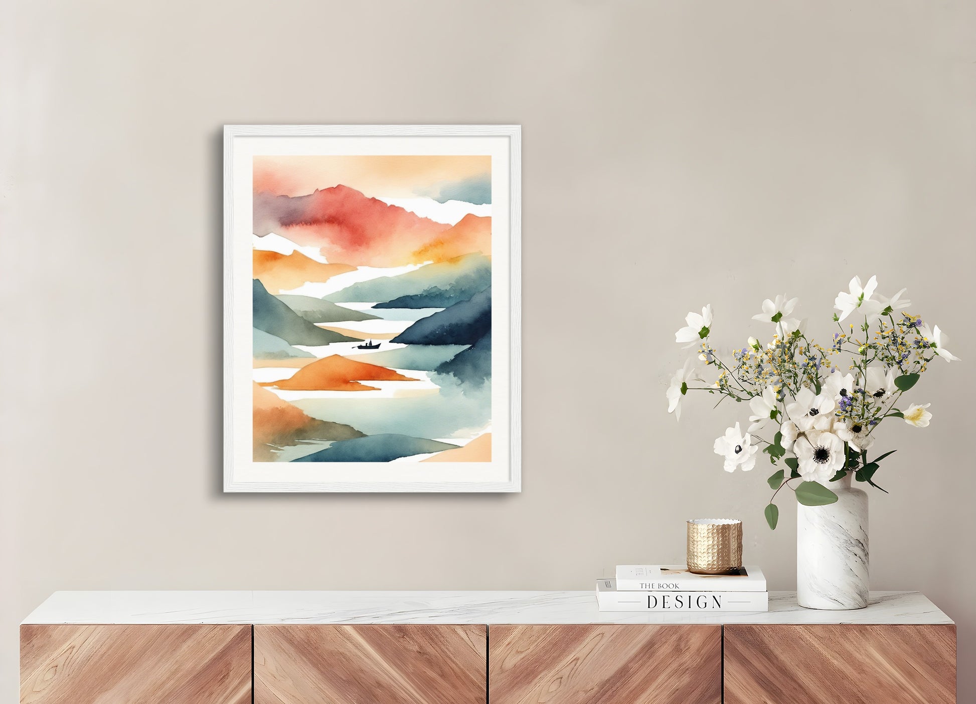 Poster with wood frame: Abstract watercolor illustration using a gradient of colors, Boat