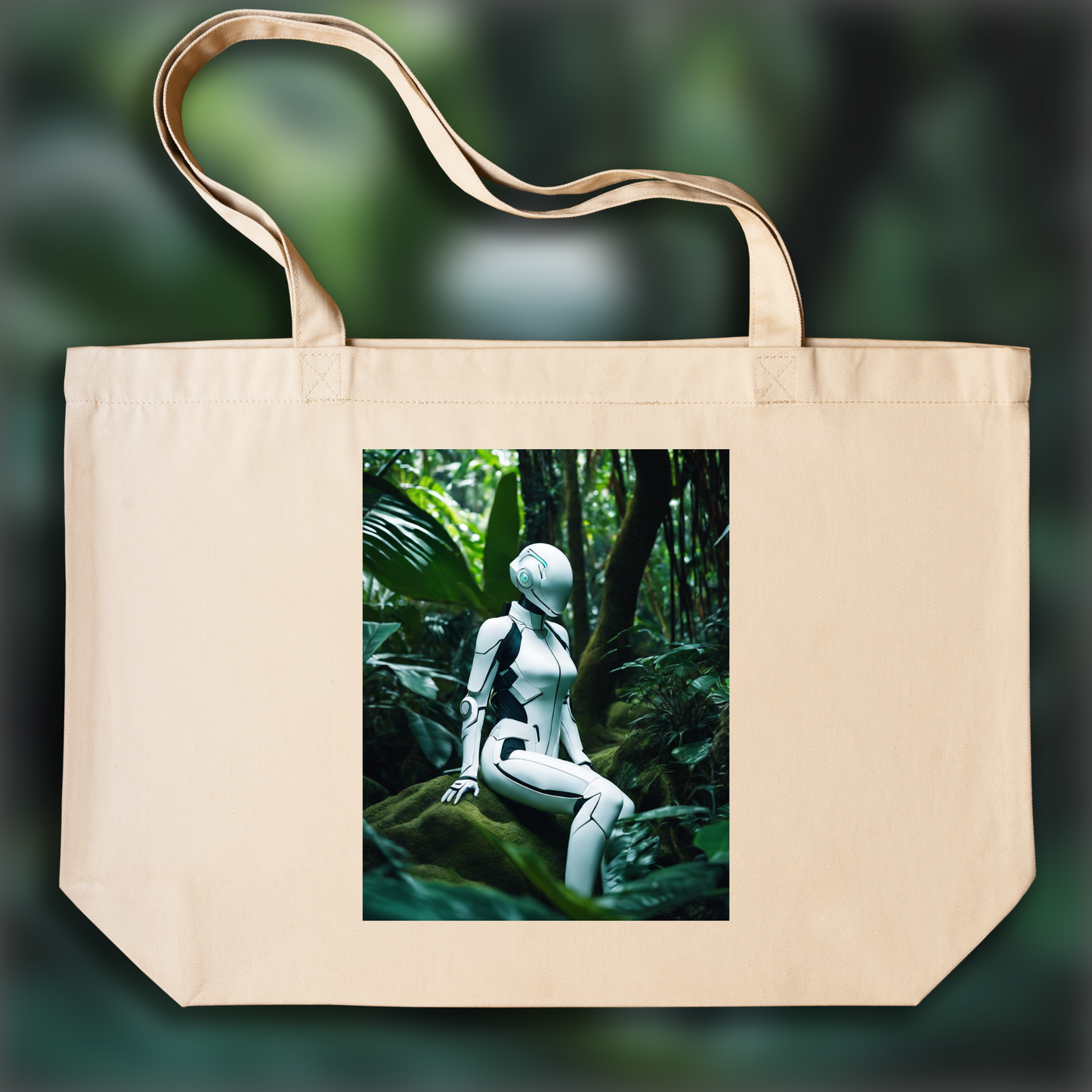 Tote bag - Realistic photography, a white ghost in the shell cyborg in the Seychelles jungle - 1984188090