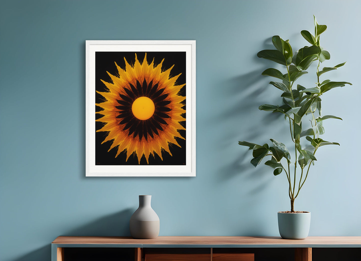 Poster with wood frame: Style centered on light and repetitive structures that explore the phenomena of perception and movement dynamics, Sun