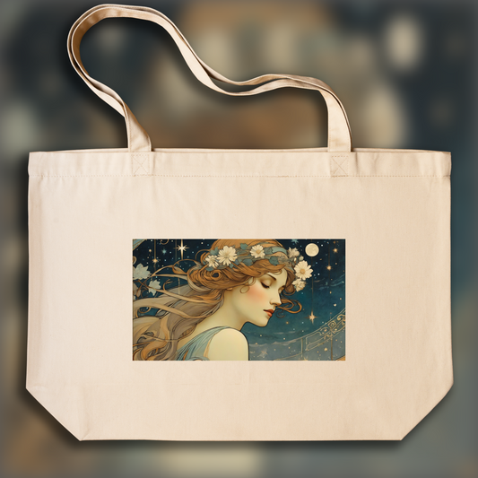 Tote bag - Enchanting fusion of ornate lines and flowing shapes, close up portrait of a women and starry night sky - 3970268897