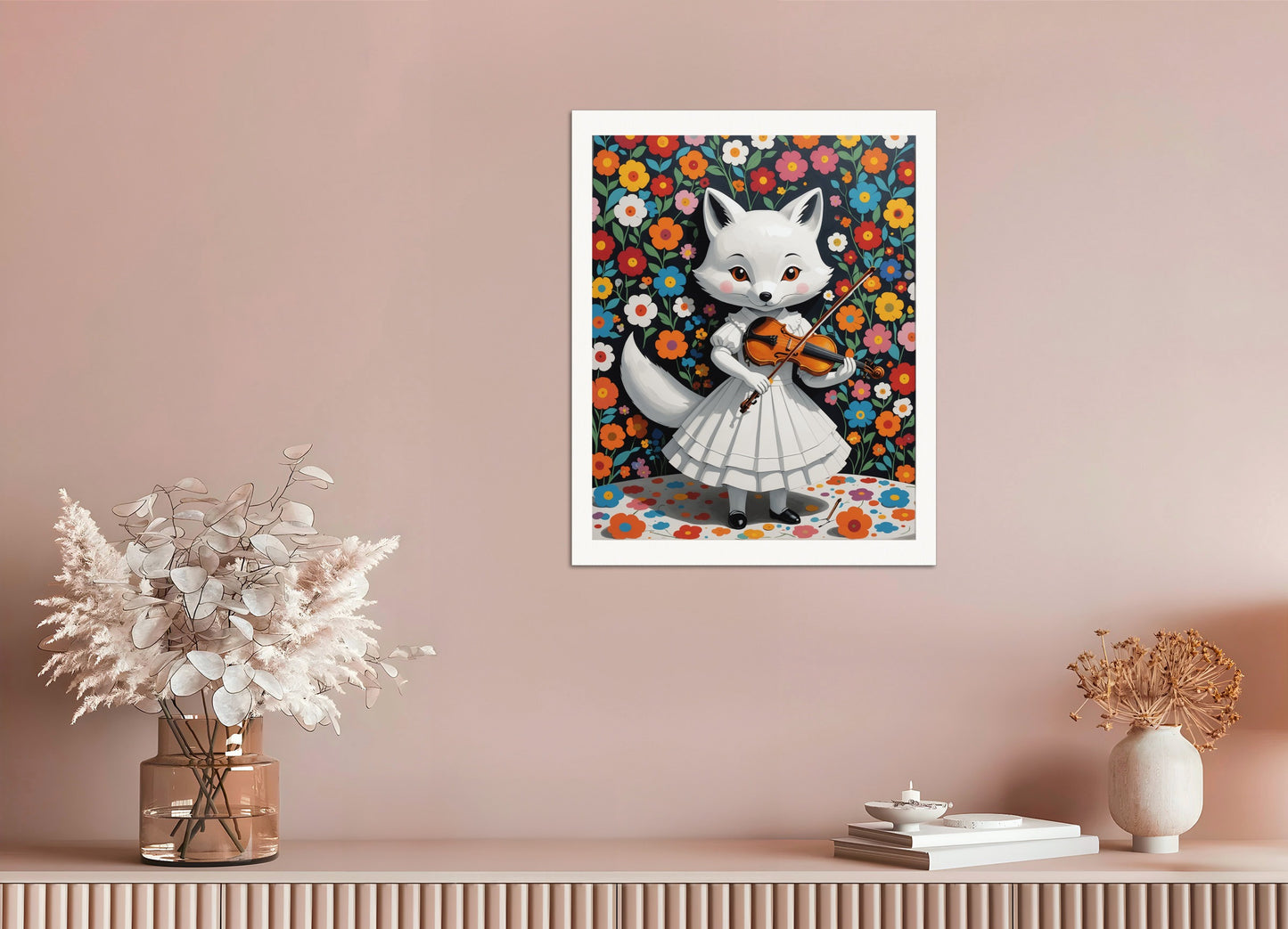 Poster: Contemporary Japanese kawaii artist, fox in a white dress plays the violin