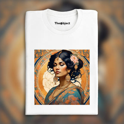 T-Shirt - Klimt rococo Mucha , Indian woman in sari portrait from side in the style of demure vintage Japanese  - 698678321