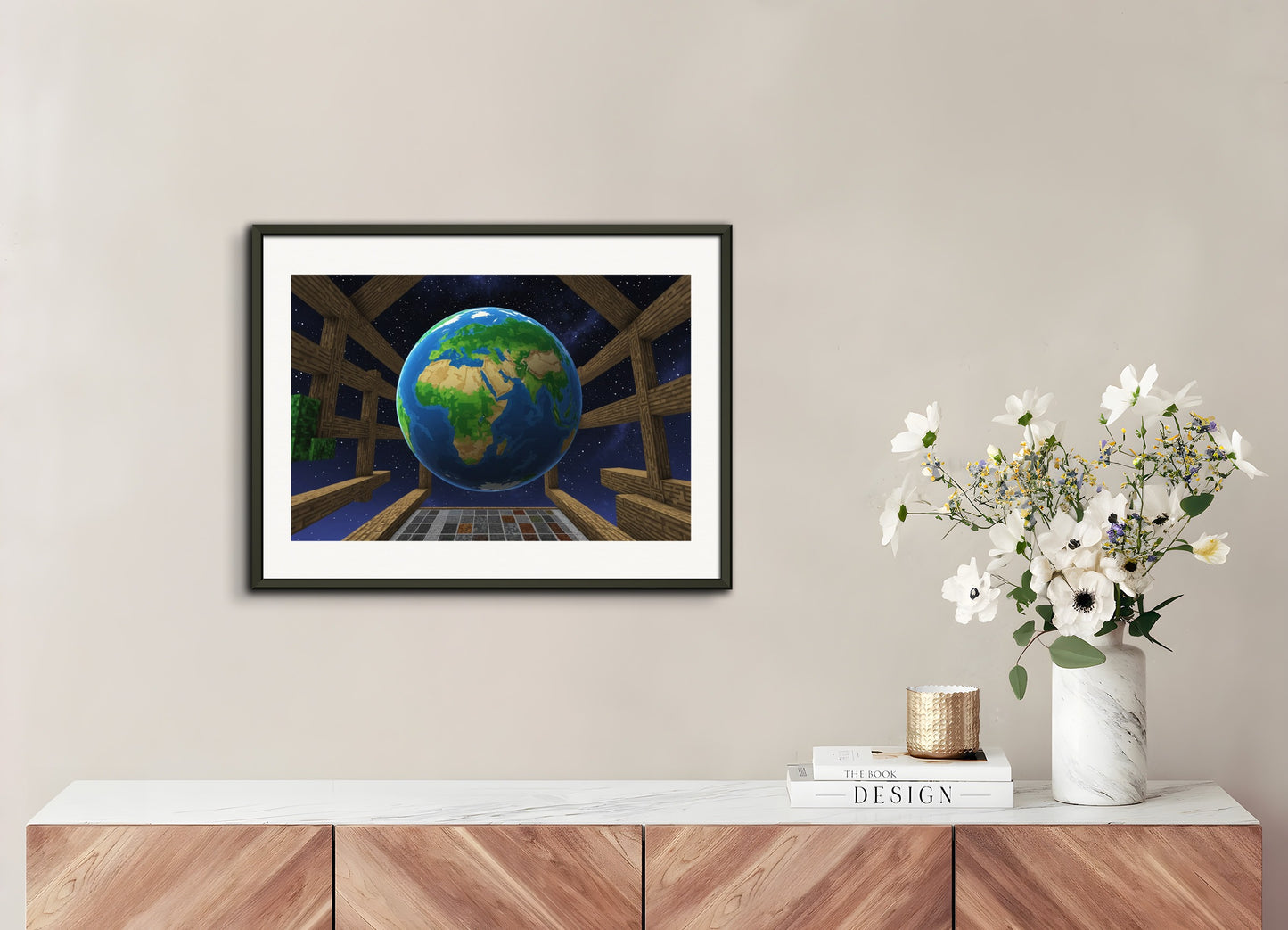 Poster with metal frame: Minecraft, the globe in space