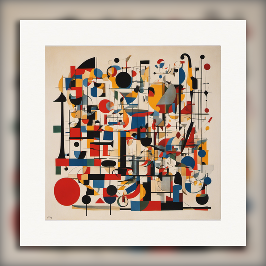 Poster - Lines and geometric figures with floating shapes, playful abstract art, musical notes - 525824772