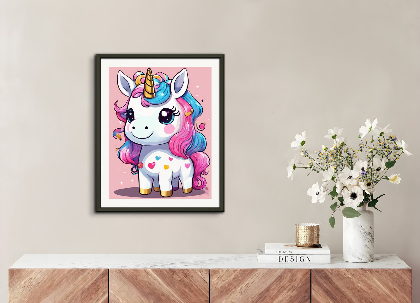 Poster with metal frame: Japanese contemporary Kawaii artist, A baby cute unicorn