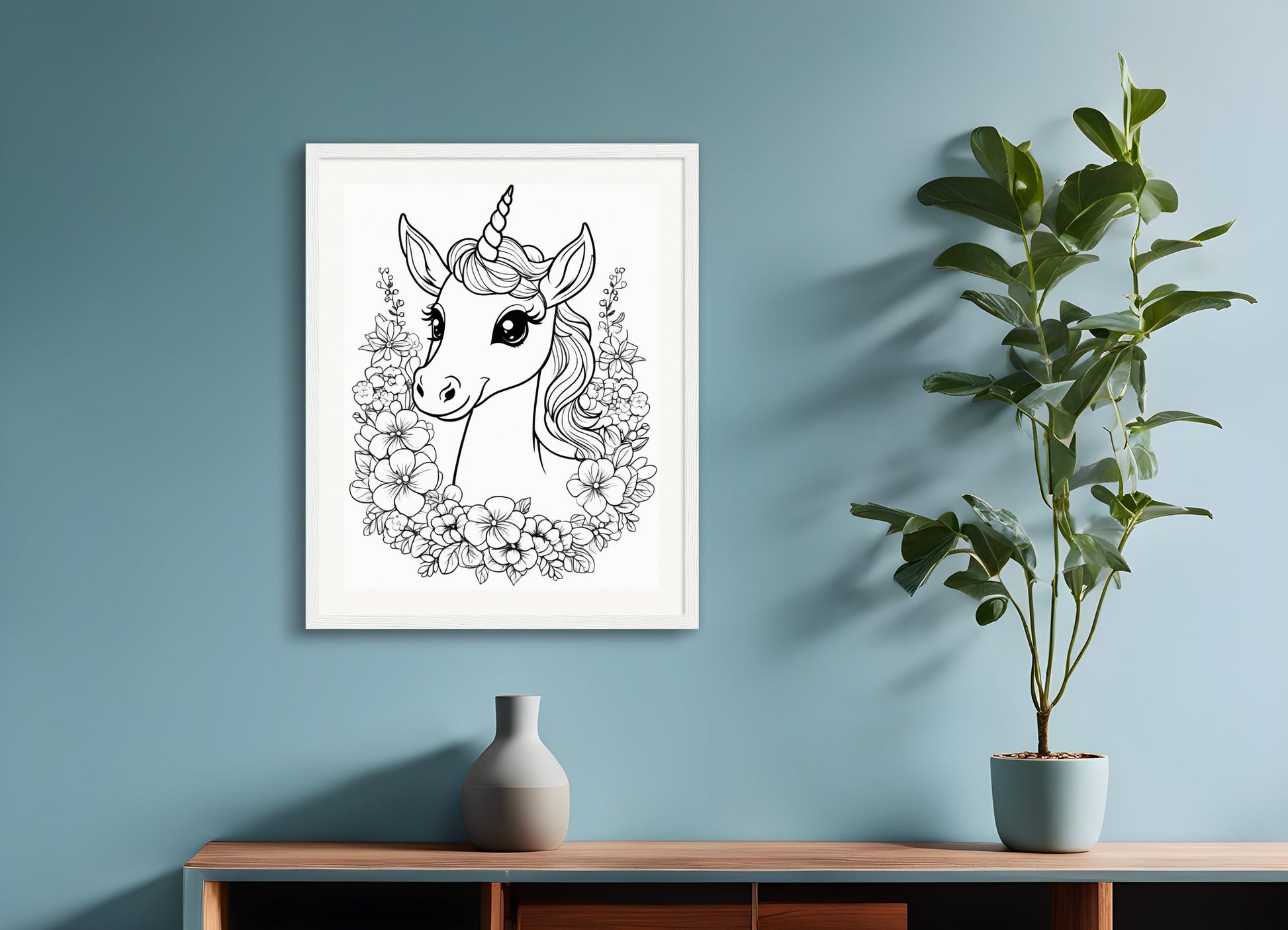 Poster with wood frame: Coloring page, A baby cute unicorn