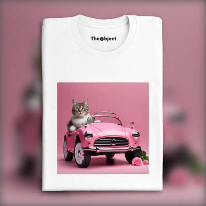 T-Shirt - Voiture rose pour bébé avec un chat , Voiture rose  électrique pour bébé avec un chat  - 3131974221