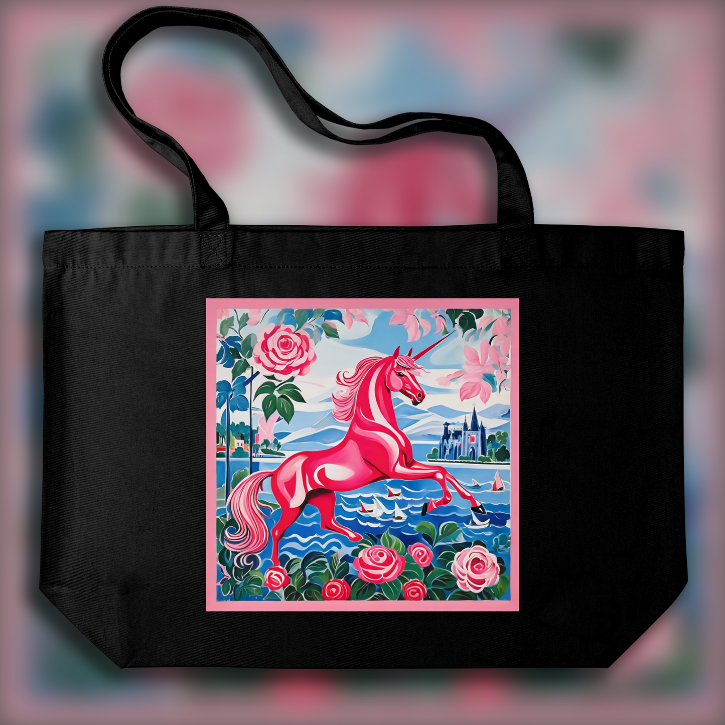 Tote bag - Scène lumineuse et joyeuse, motifs ludiques, Licorne rose - 817095620