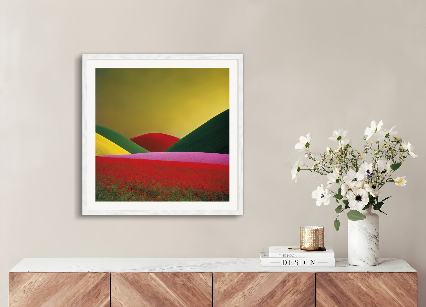 Poster with wood frame: Colorful and abstract images, capturing geometric compositions in landscapes, Flower