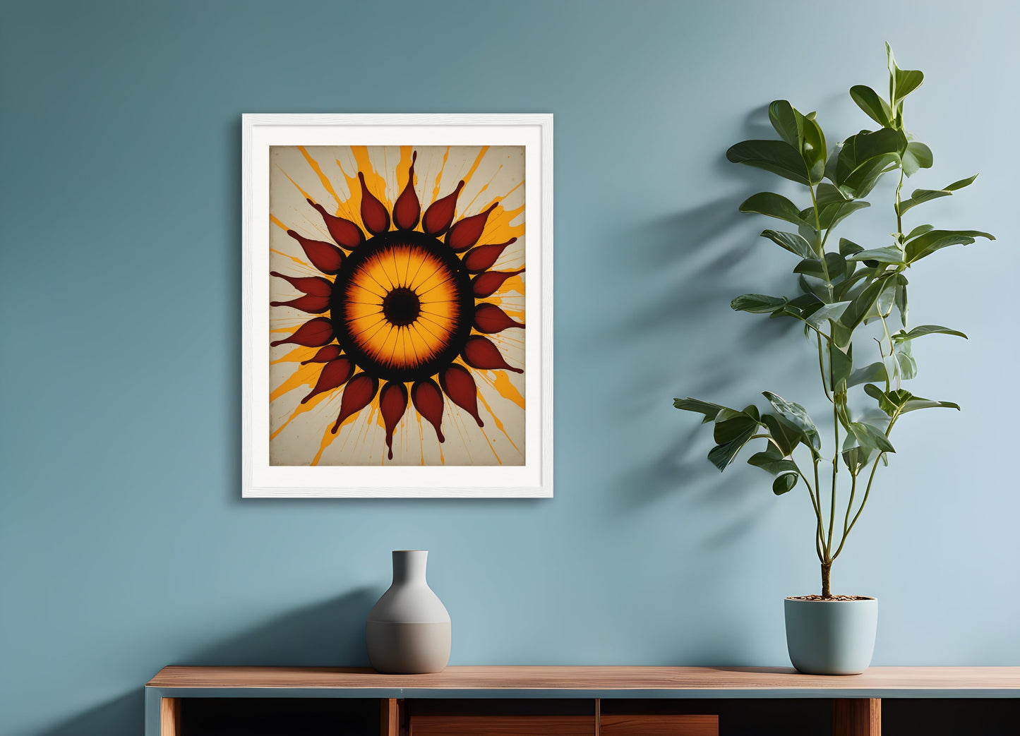 Poster with wood frame: Style centered on light and repetitive structures that explore the phenomena of perception and movement dynamics, Sun