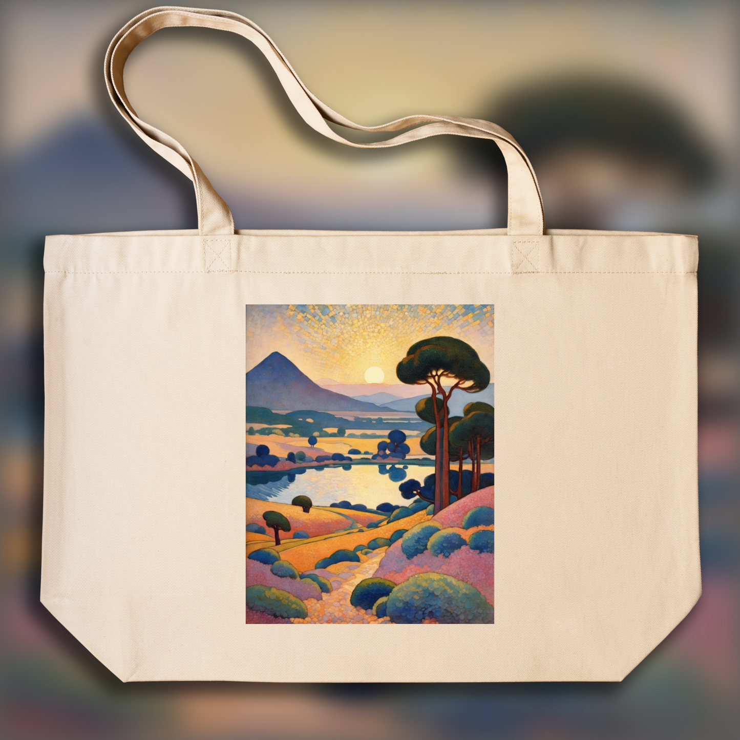 Tote bag - Pointillisme irradiant une sérénité méditerranéenne, Paysage exoplanète - 2590977025