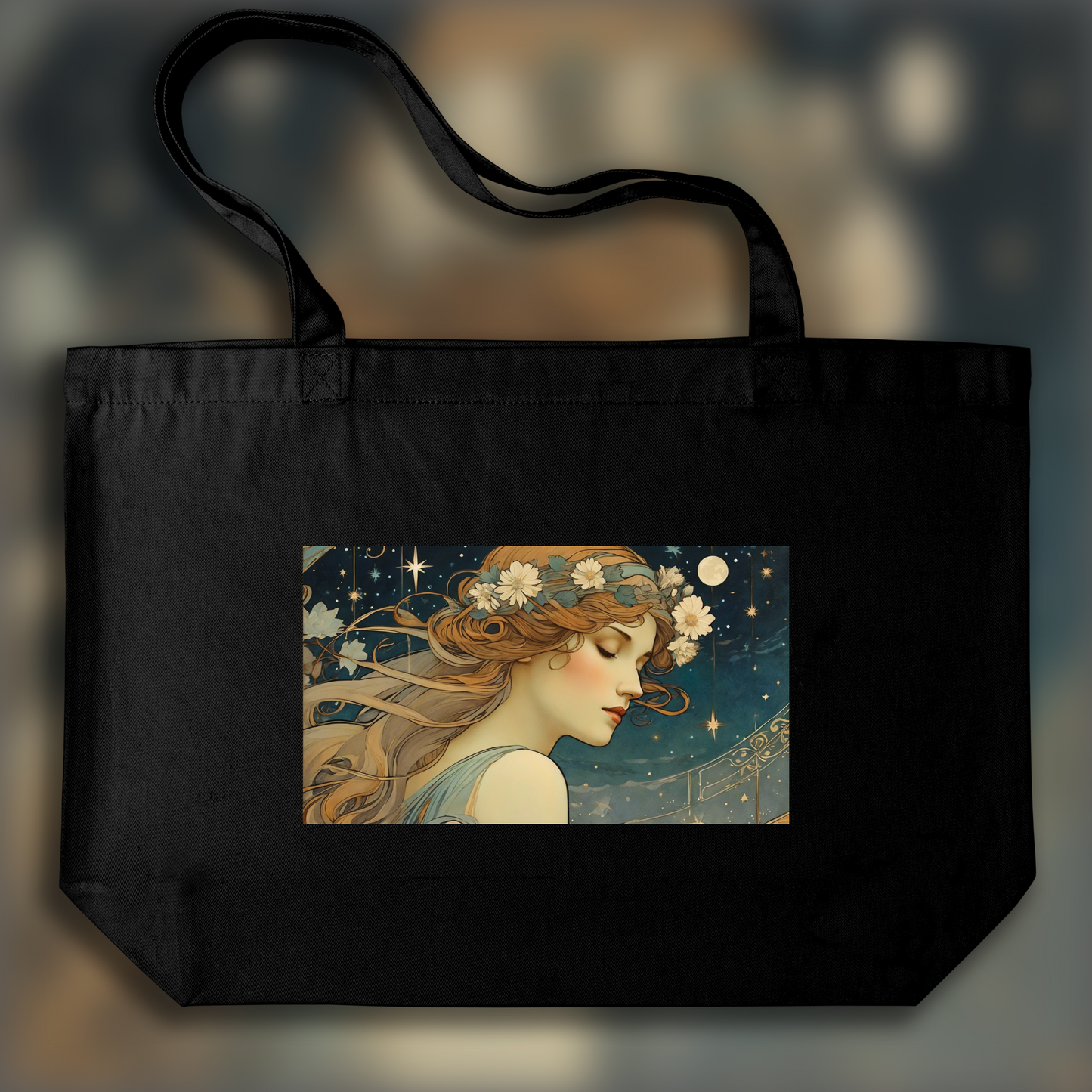 Tote bag - Enchanting fusion of ornate lines and flowing shapes, close up portrait of a women and starry night sky - 3970268897