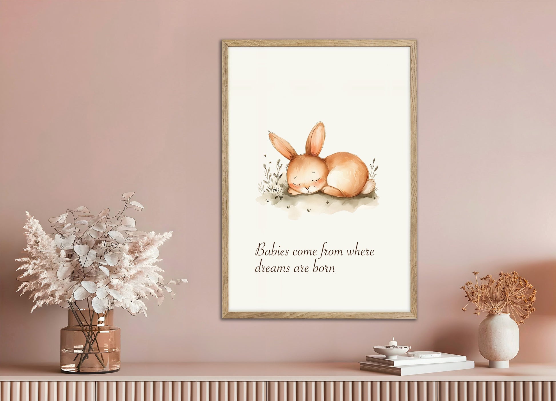 Poster with natural wood frame: Babies come from where dreams are born, newborn gift