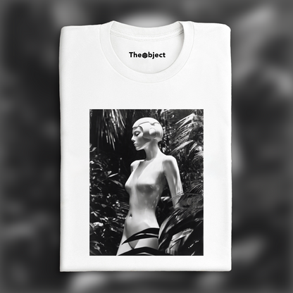 T-Shirt - 20th century American pictorialist and romantic photography, a white ghost in the shell cyborg in the Seychelles jungle - 110490146