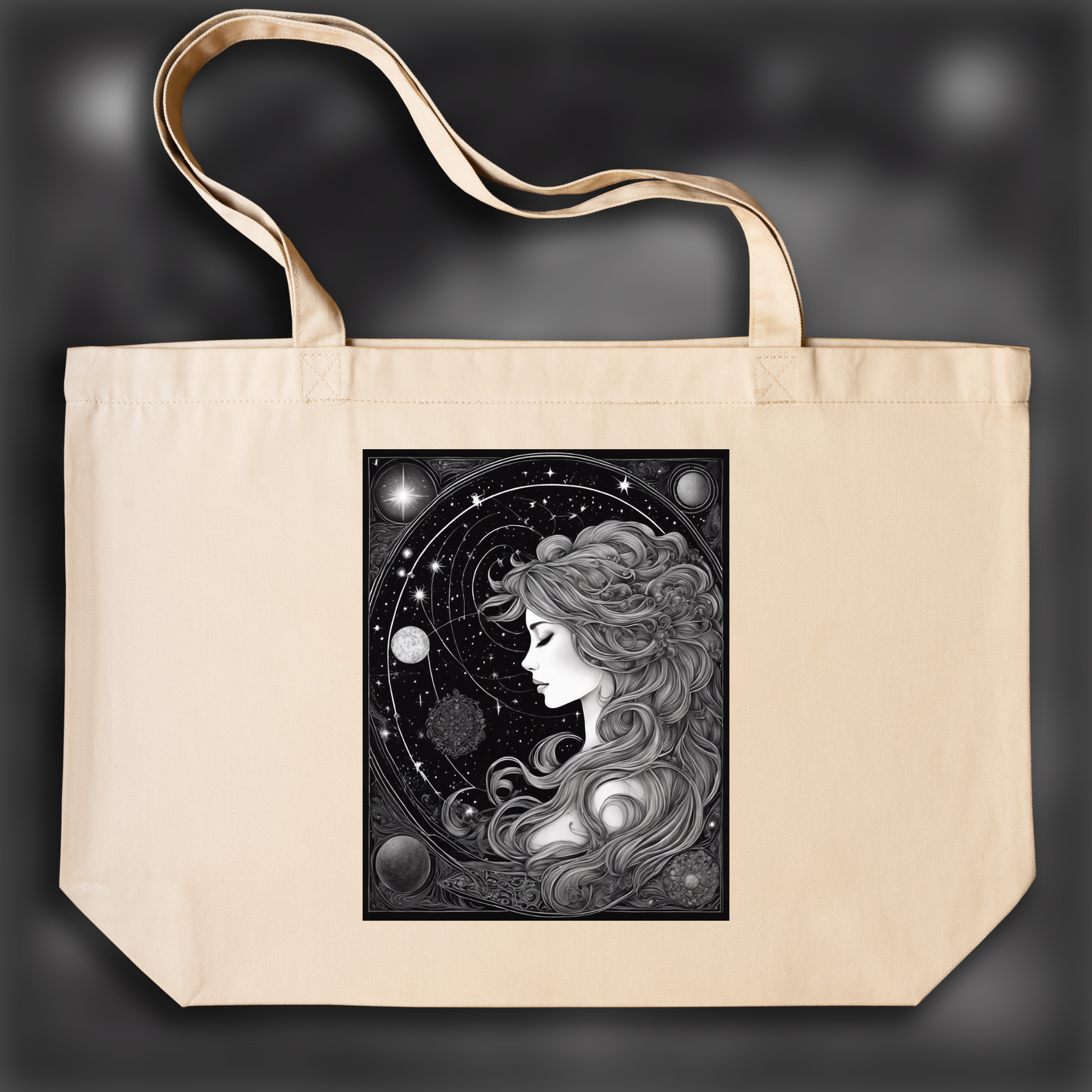 Tote bag - Constellations beautiful drawing, black background, Astrology, a maiden - 3445844849