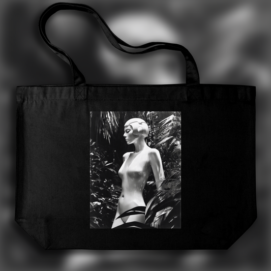 Tote bag - 20th century American pictorialist and romantic photography, a white ghost in the shell cyborg in the Seychelles jungle - 110490146