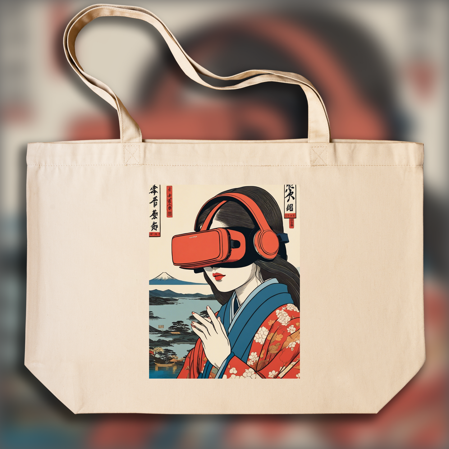 Tote bag - Poetic ukiyo-e views, fleeting moments, close up of a women with a virtual reality headset - 4035442234