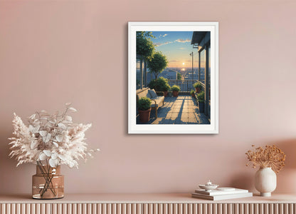 Poster with wood frame: Japanese contemporary anime, A quiet terrace, setting sun