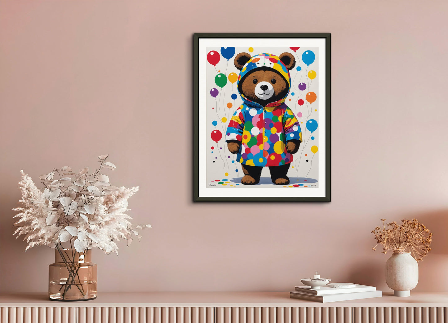 Poster with metal frame: Contemporary Japanese kawaii artist, bear in costume plays