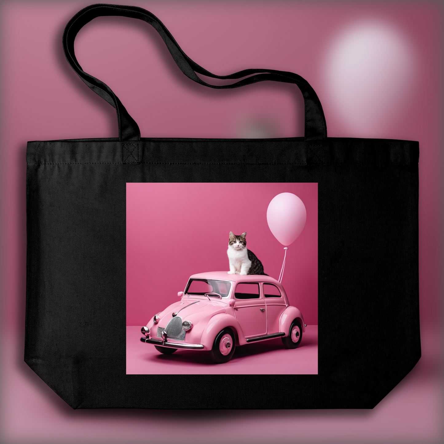 Tote bag - Pink baby car with a cat, Pink baby car with a cat - 1816371159