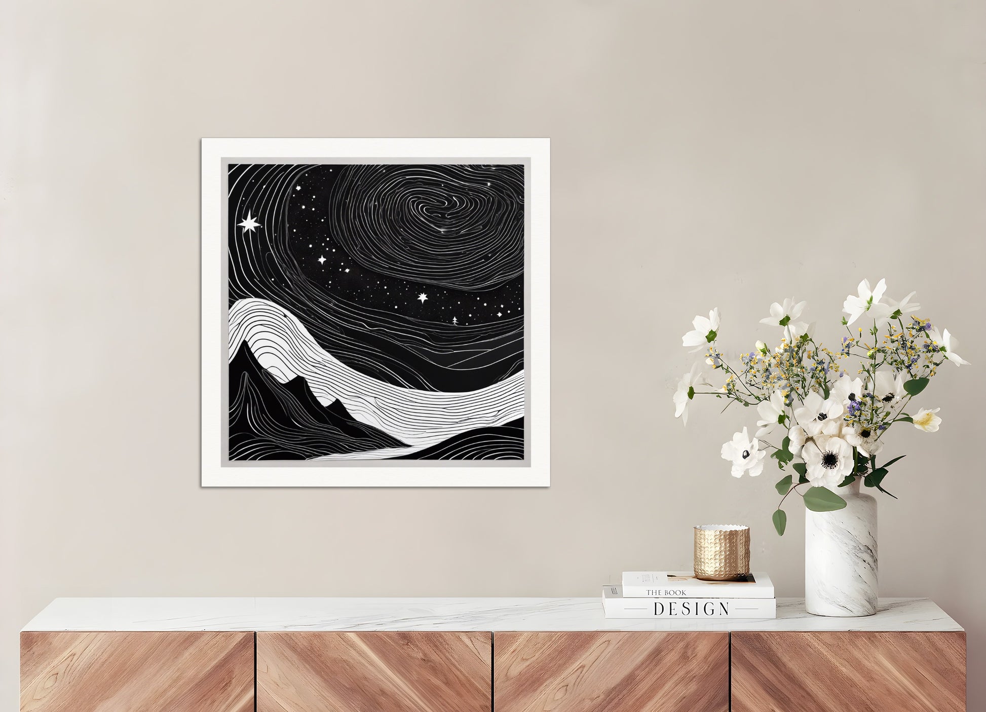 Poster: Monochrome art, topographic lines on a cosmic background, Coffee