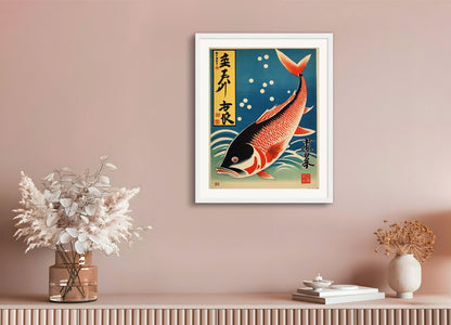 Poster with wood frame: Japanese vintage poster, Fish