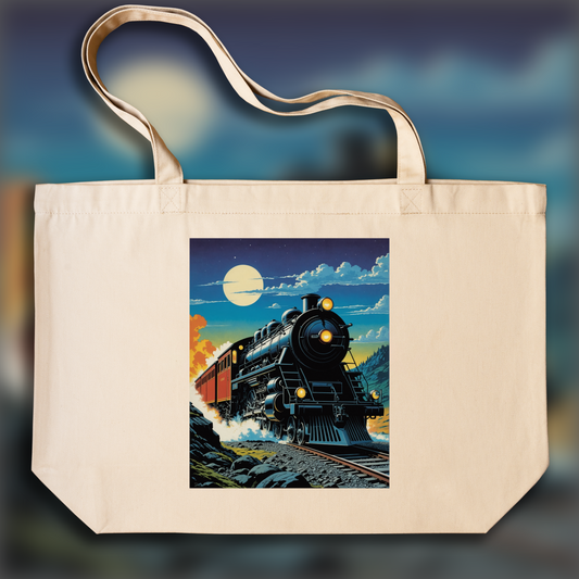 Tote bag - French science fiction comics, dreamlike and psychedelic landscapes, Train - 4229281008