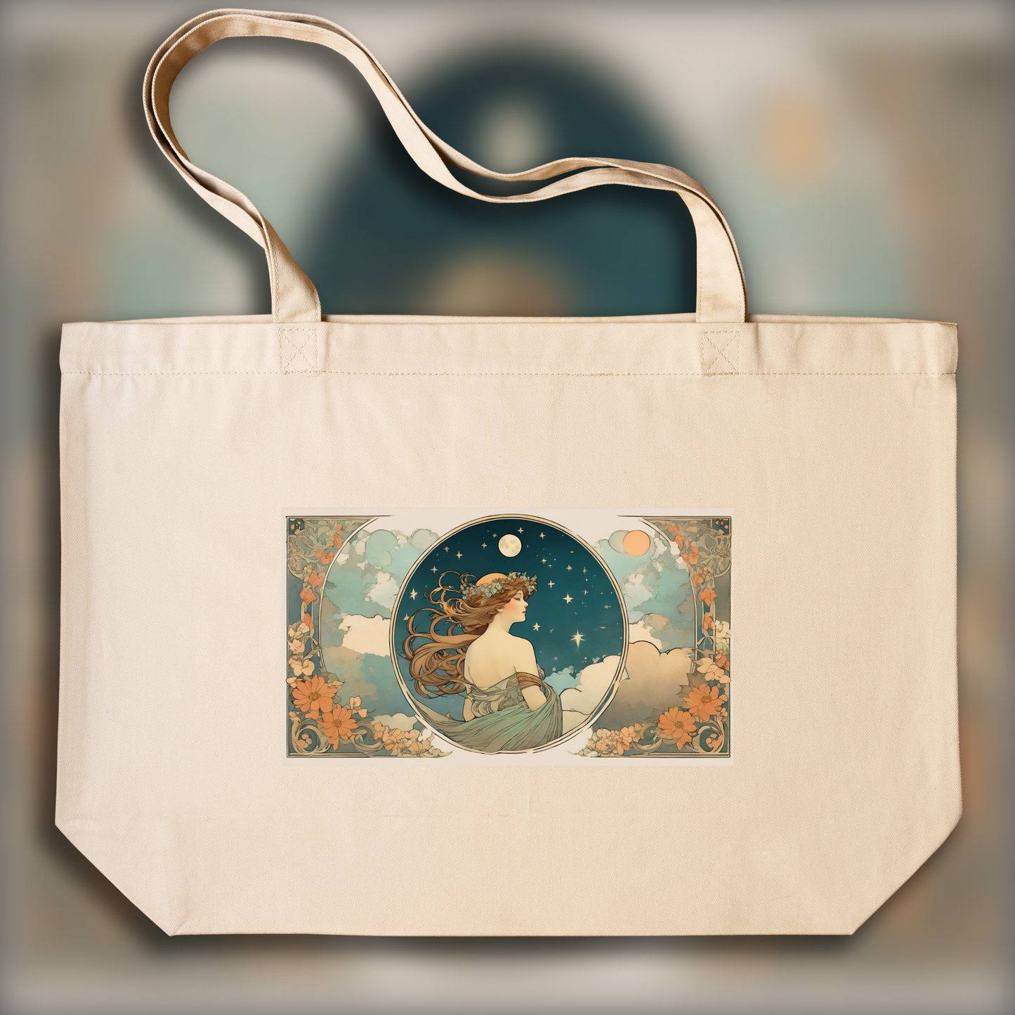 Tote bag - Fusion enchantée de lignes ornées et de formes fluides, Lune et nuages - 1710812224