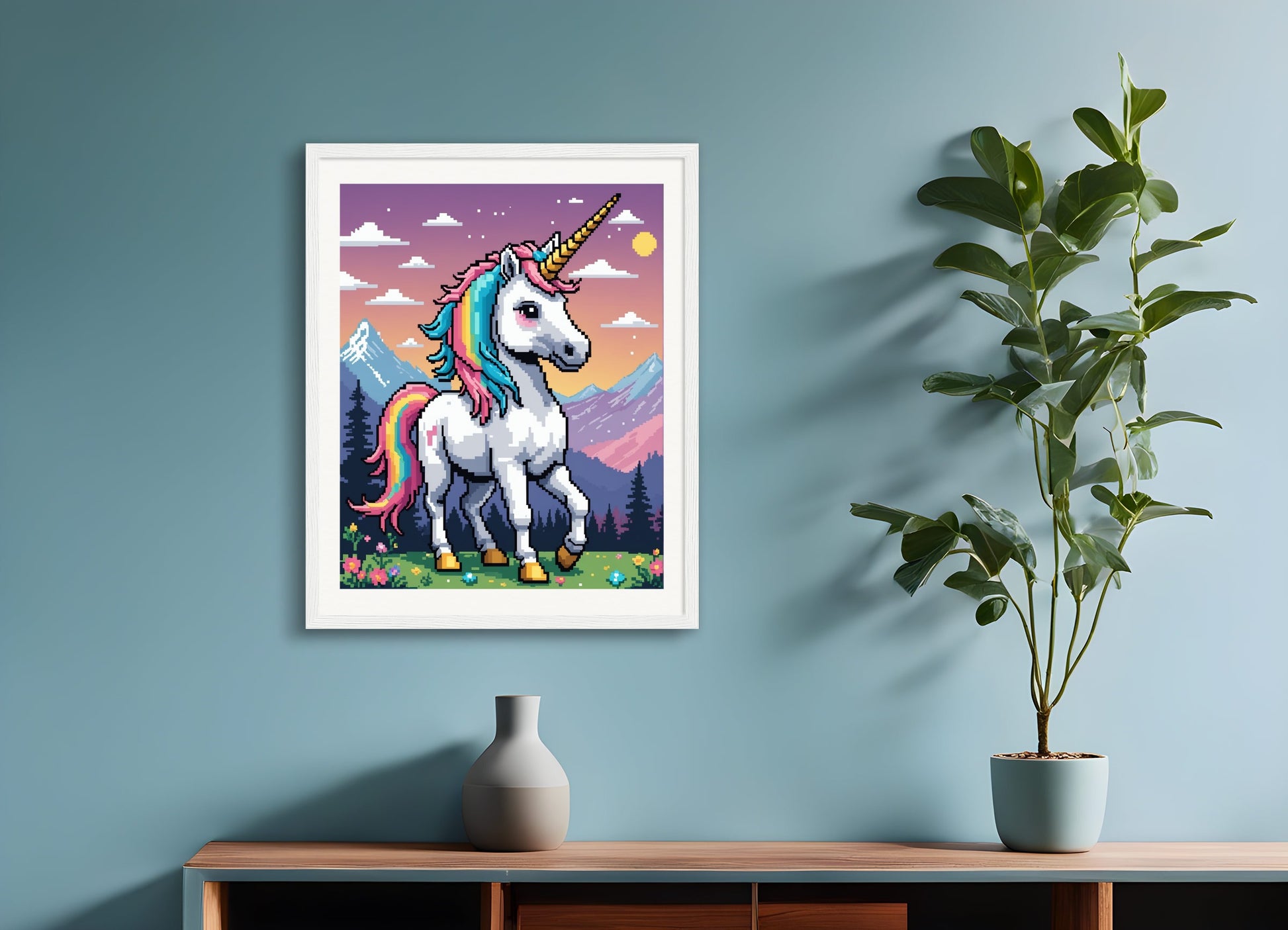 Poster with wood frame: Pixel Art, Unicorn