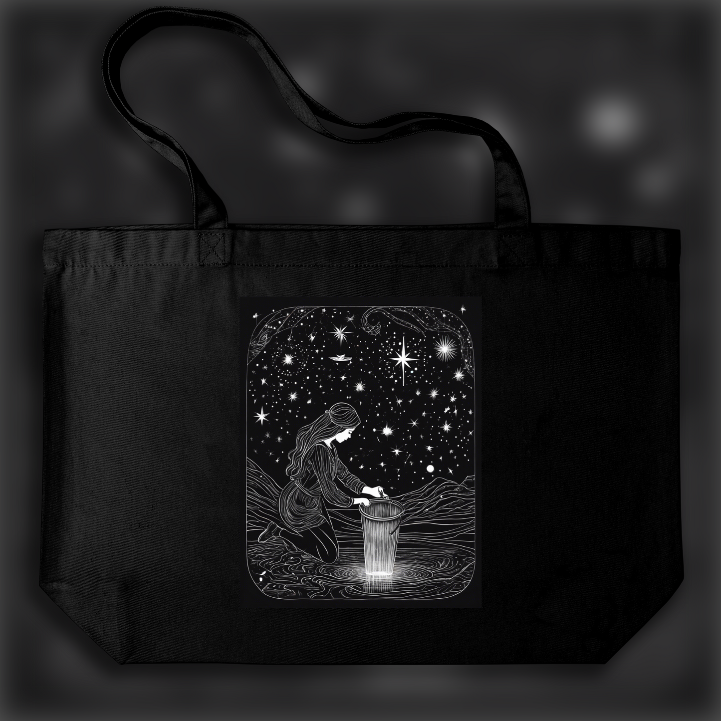 Tote bag - Constellations beautiful drawing, black background, Astrology, a women pouring a bucket of water - 2113464847